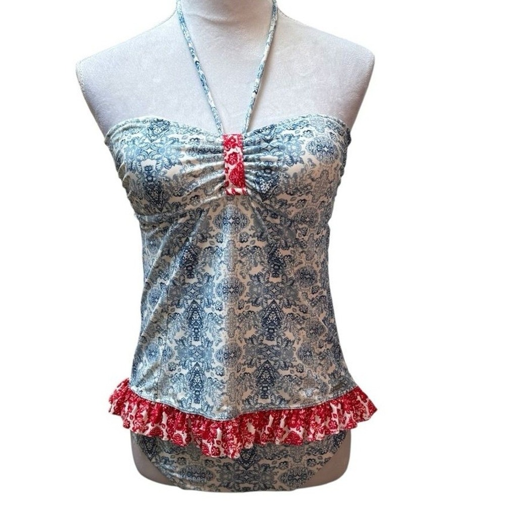 US Polo Assn Womens Blue White Damask Red Ruffle One Piece Swimsuit Medium